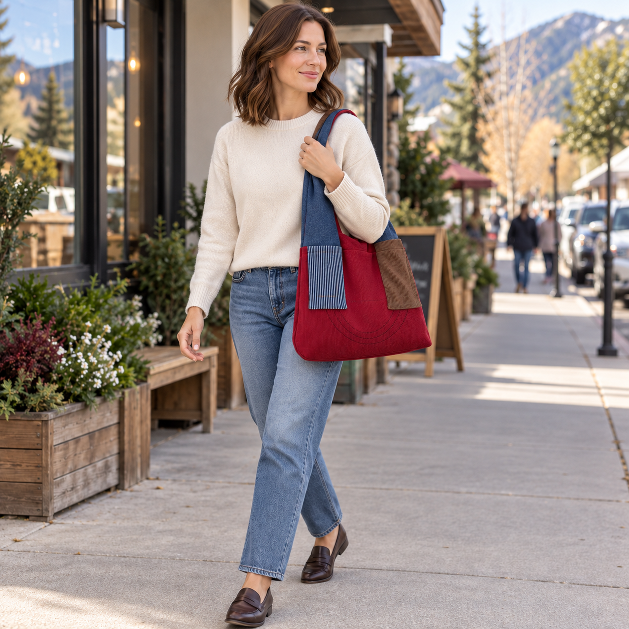 Woman carrying the burgundy, blue and brown colorblock shoulder tote along a coffee-shop sidewalk