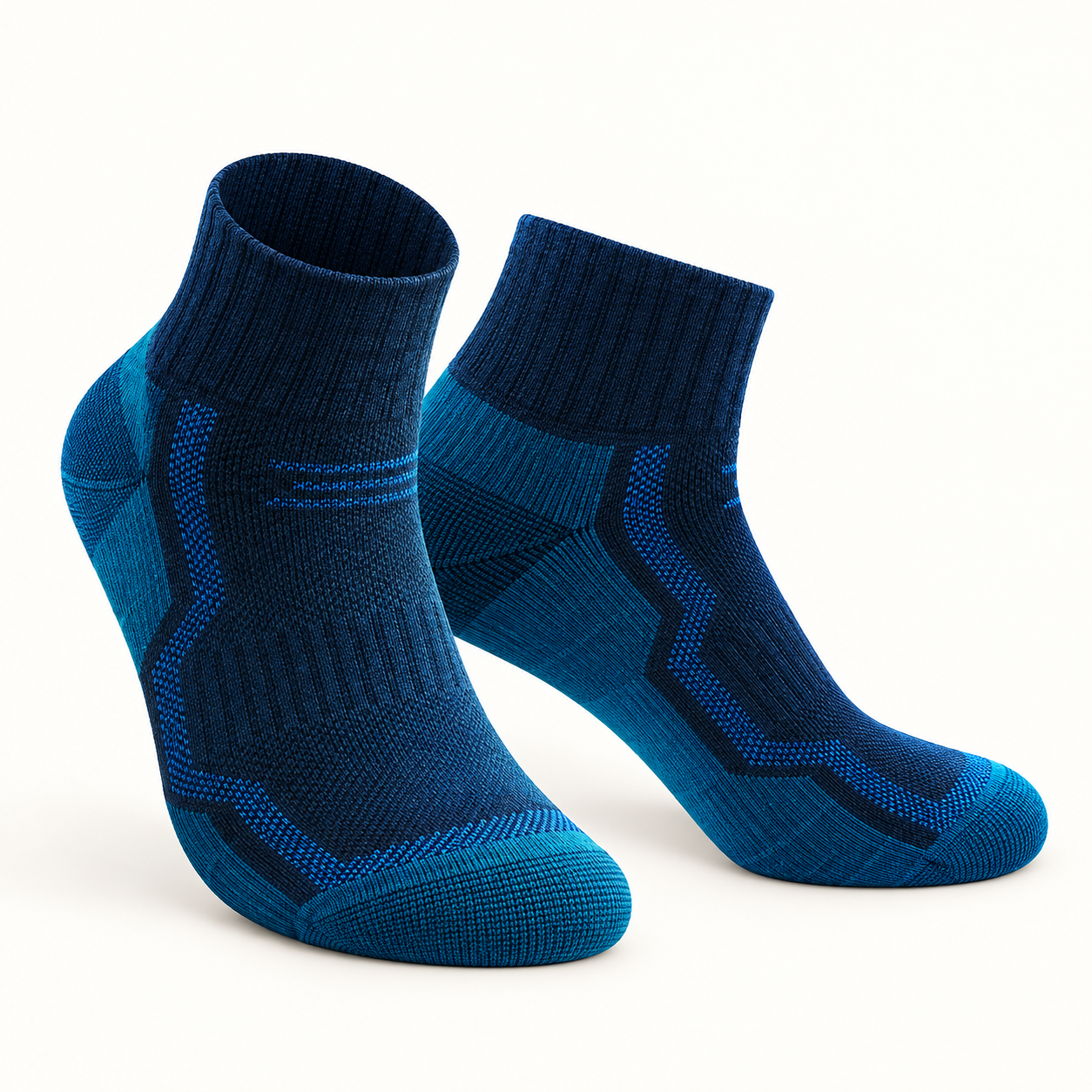 Blue WRELS ribbed mid-length socks with dark-navy cuff and blue/teal knit panels, pair in studio front view