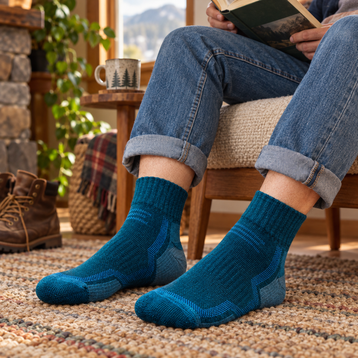 Person relaxing with a book in deep teal blue socks and cuffed jeans.