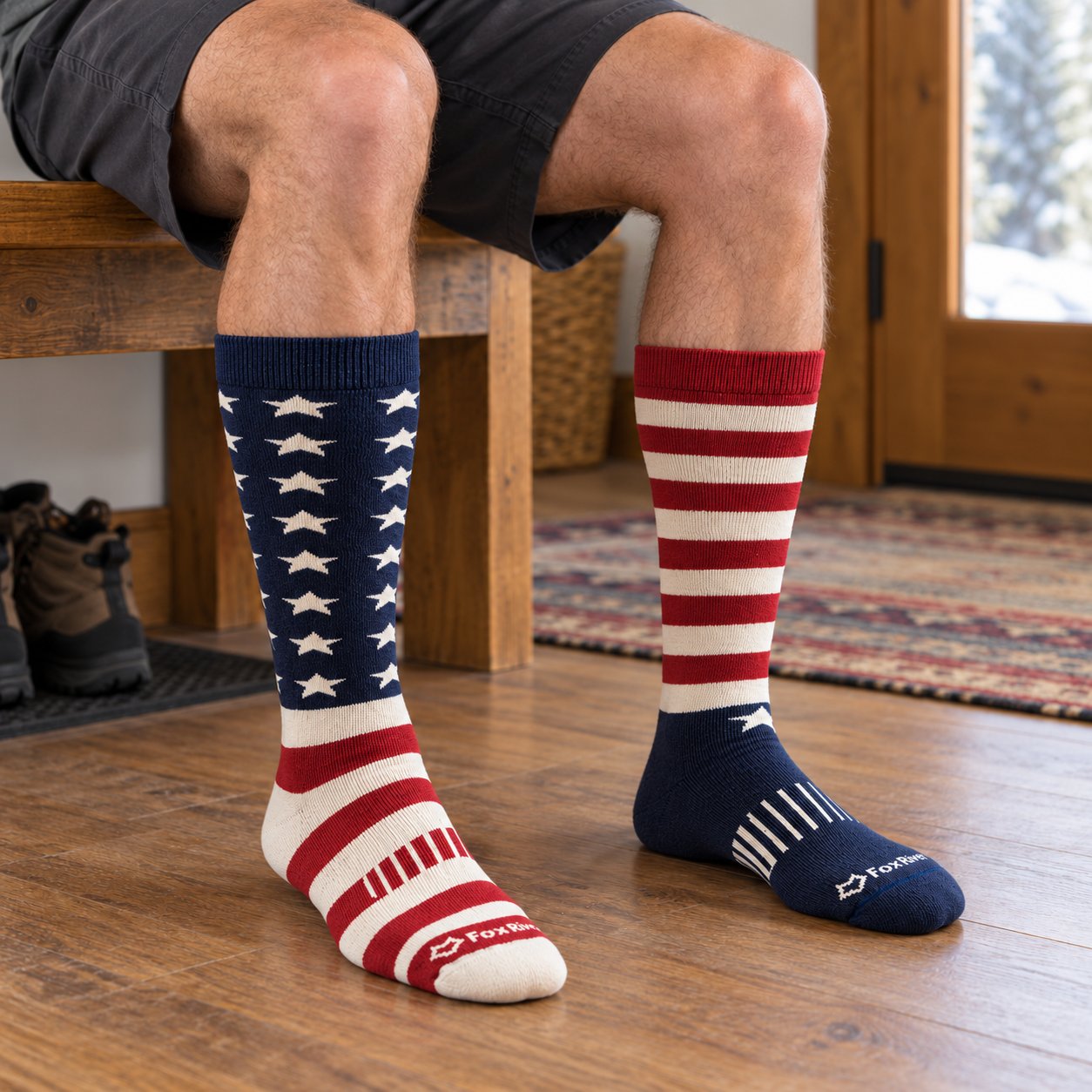 Fox River Old Glory Ski socks worn on two lower legs, with complete cuffs and toes visible.
