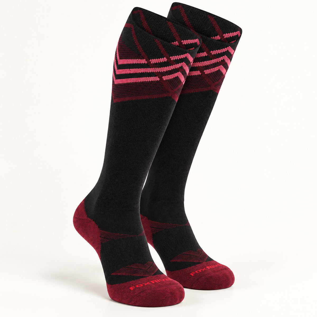 Fox River Women's Summit Ski socks in Black with burgundy knit details.