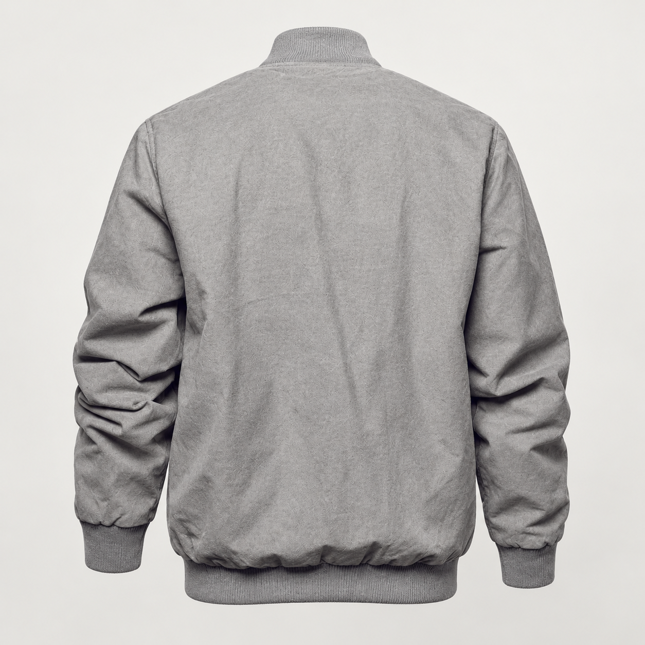 Back studio view of the gray rib-trim button-front blouson.