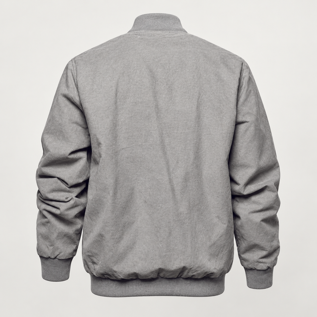 Back studio view of the gray rib-trim button-front blouson.