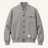 Front studio view of the gray seven-button blouson with asymmetric pockets.