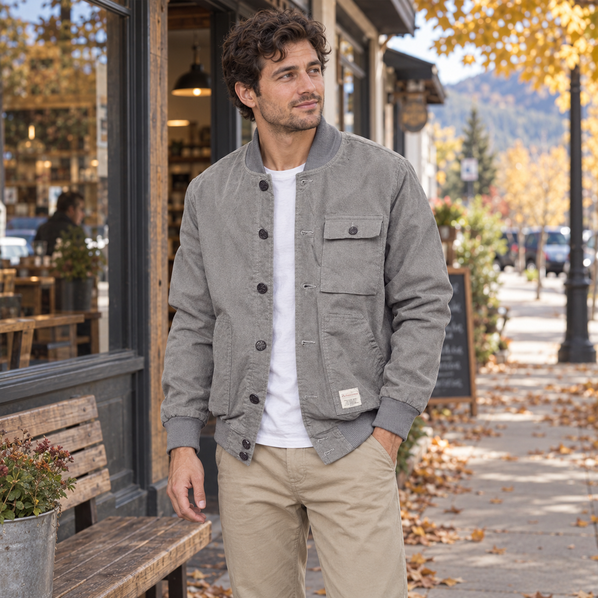 Man wearing the gray button-front blouson outside a neighborhood coffee shop.