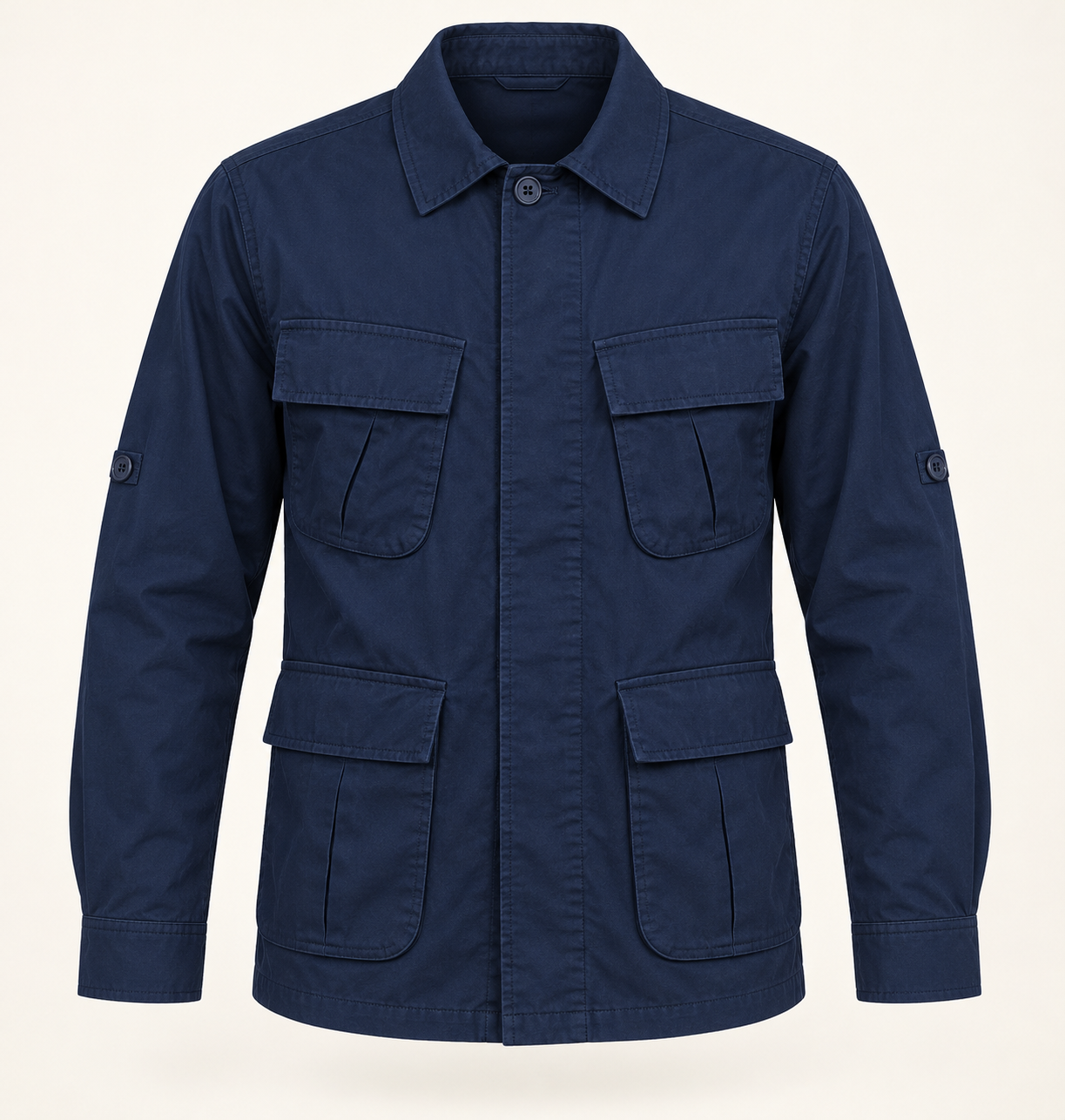 Front studio view of the navy four-flap-pocket shirt jacket.