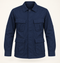 Front studio view of the navy four-flap-pocket shirt jacket.