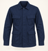 Front studio view of the navy four-flap-pocket shirt jacket.