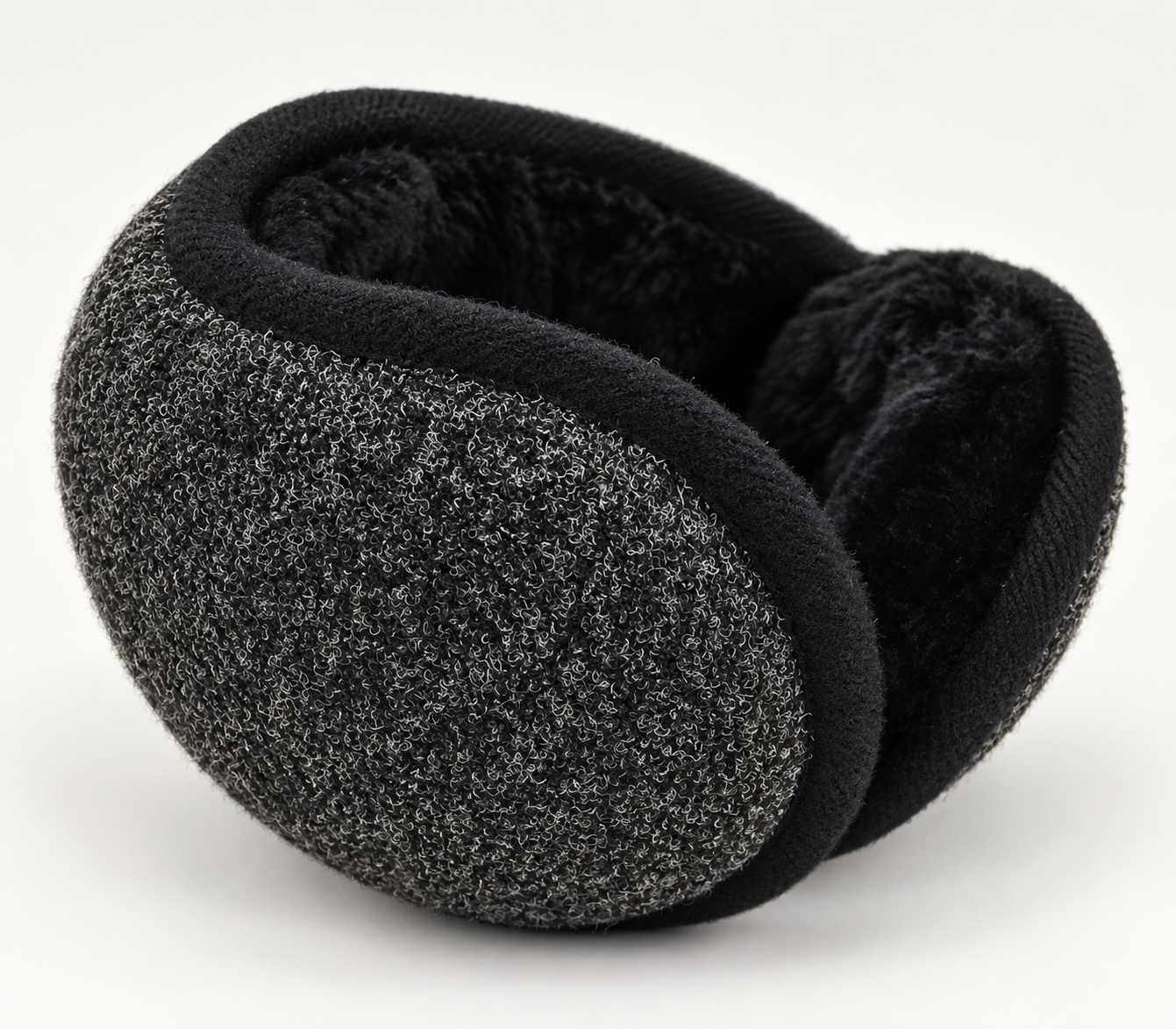 Charcoal folding behind-head ear warmers shown folded in a studio.