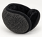 Charcoal folding behind-head ear warmers shown folded in a studio.