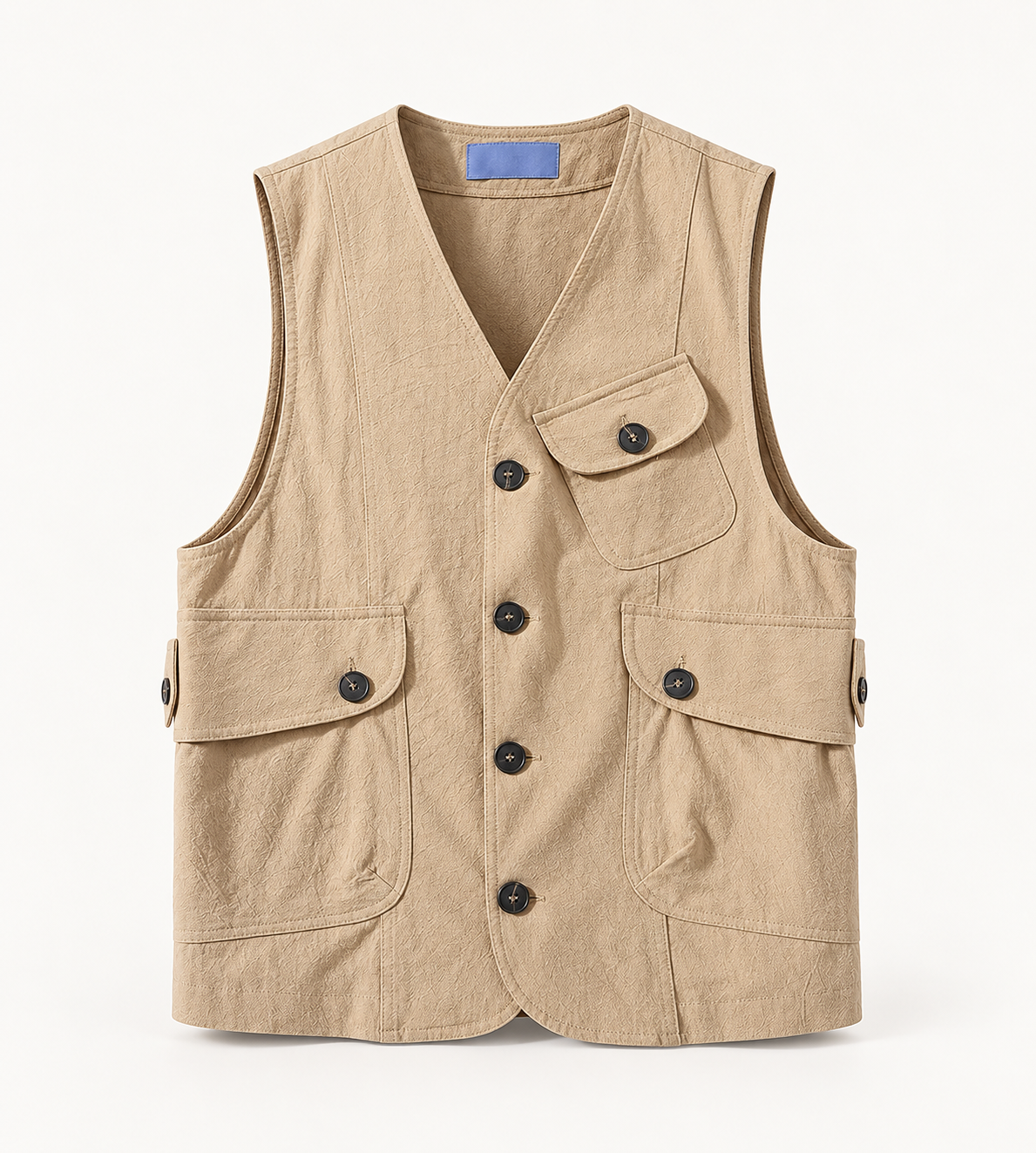 Front studio view of the khaki cotton V-neck pocket vest.