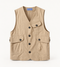 Front studio view of the khaki cotton V-neck pocket vest.