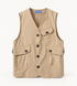 Front studio view of the khaki cotton V-neck pocket vest.