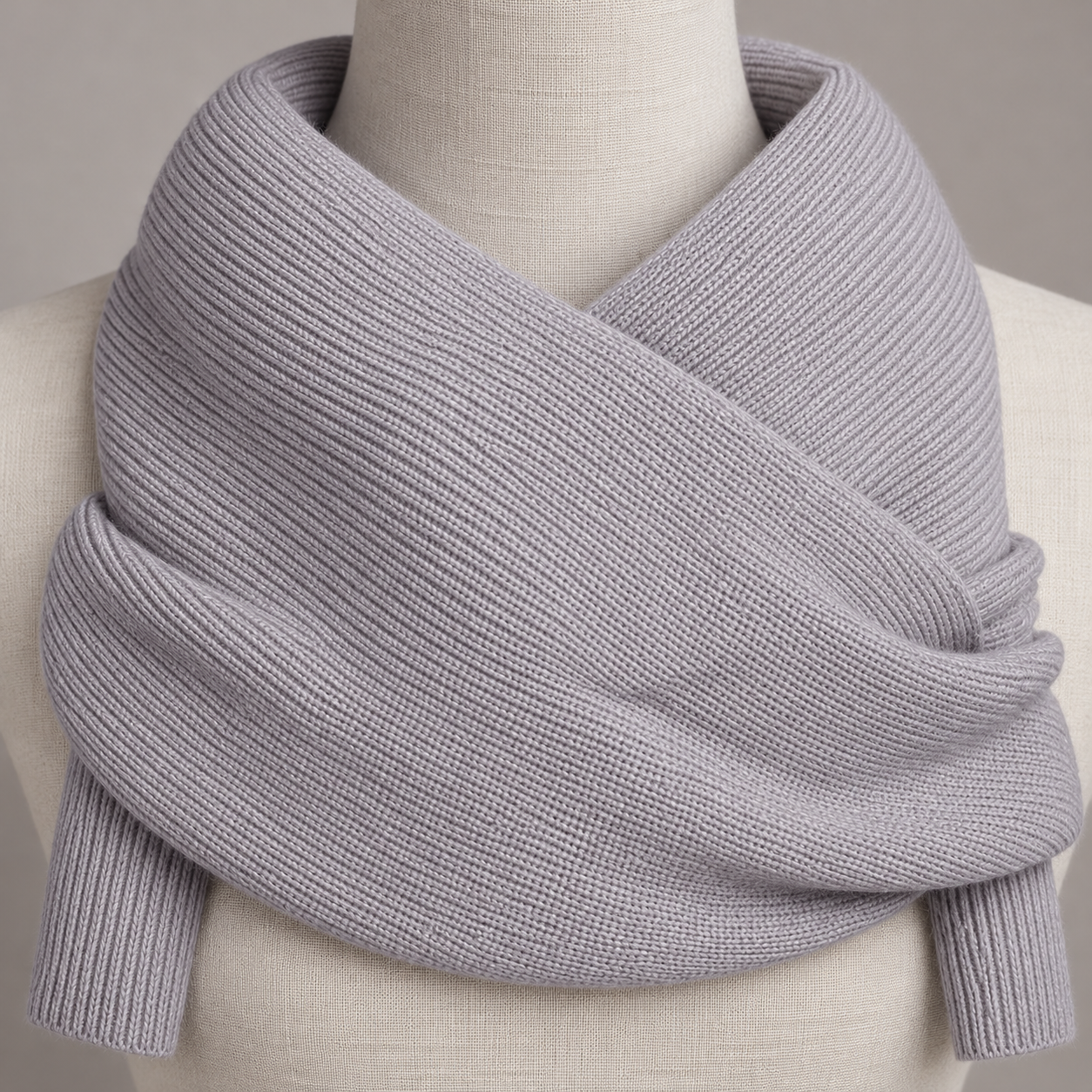 Close view of the pale-gray scarf's fine rib knit and crossed wrap.