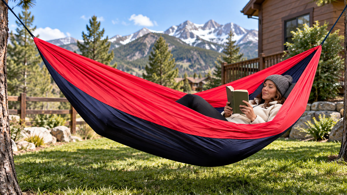 Hammock Bliss Single Navy/Red in use in an ordinary mountain-town home yard.