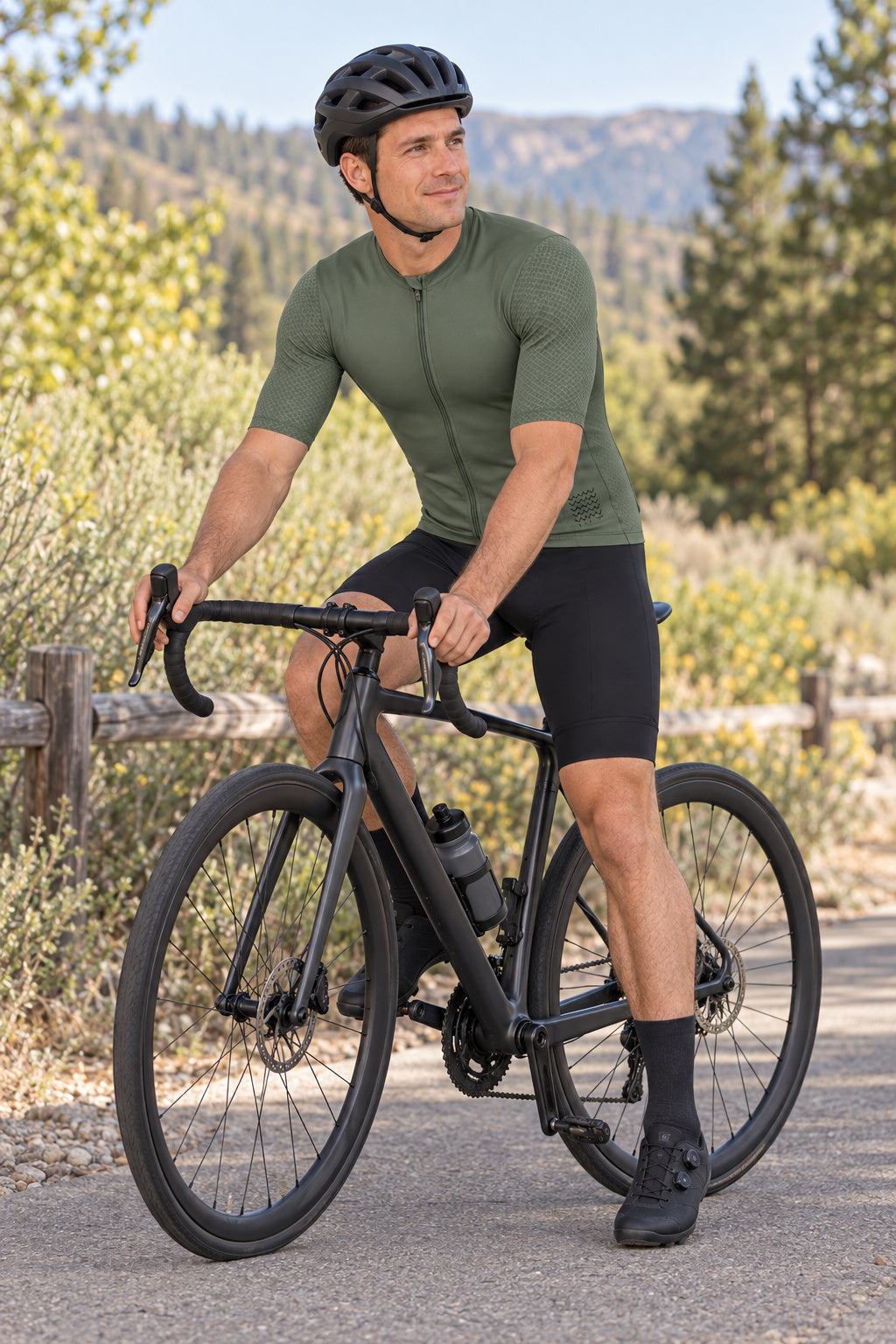 Cyclist in the olive YKYWBIKE jersey leaning forward on a stationary road bicycle, showing riding-position fit and hem coverage.