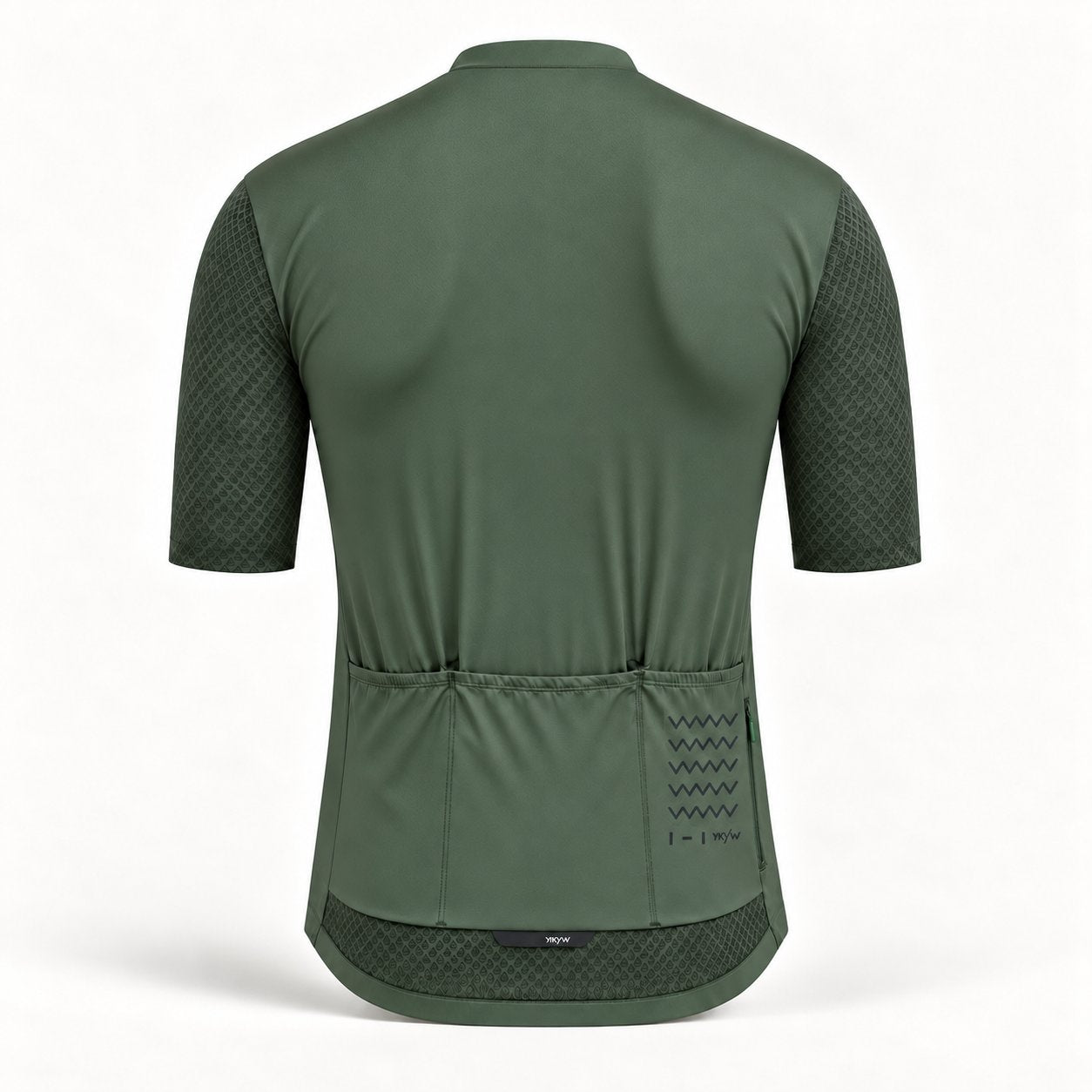 Rear olive-green YKYWBIKE jersey with three pockets, side zipper, wave motif and centered hem tab.