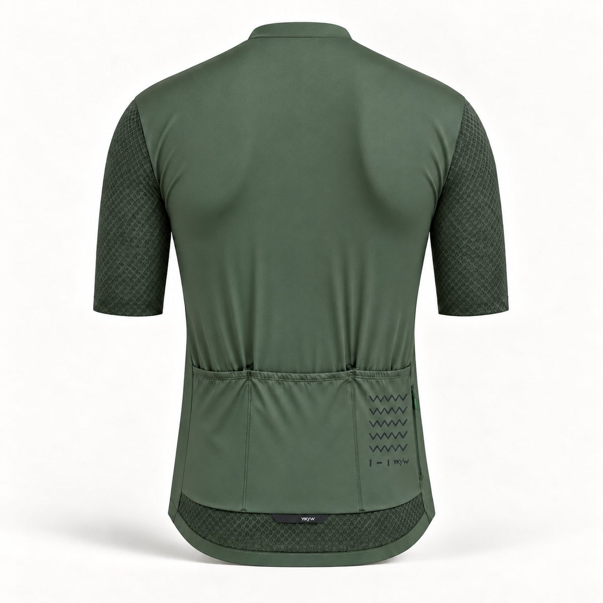 Rear olive-green YKYWBIKE jersey with three pockets, side zipper, wave motif and centered hem tab.