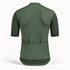 Rear olive-green YKYWBIKE jersey with three pockets, side zipper, wave motif and centered hem tab.
