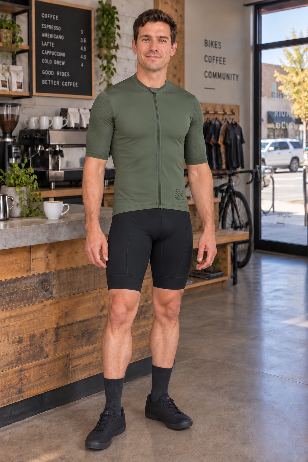 Man wearing an olive YKYWBIKE jersey and fitted black cycling shorts in a coffee shop.