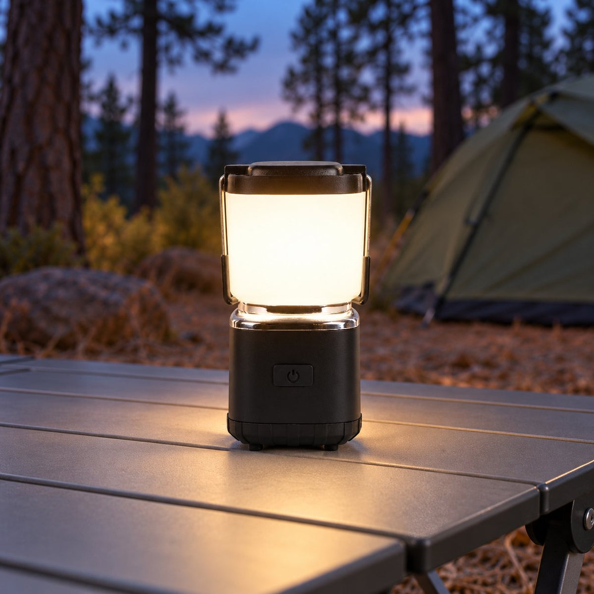Black LUXPRO LP189 mini lantern lighting a folding camping table beside a tent at dusk