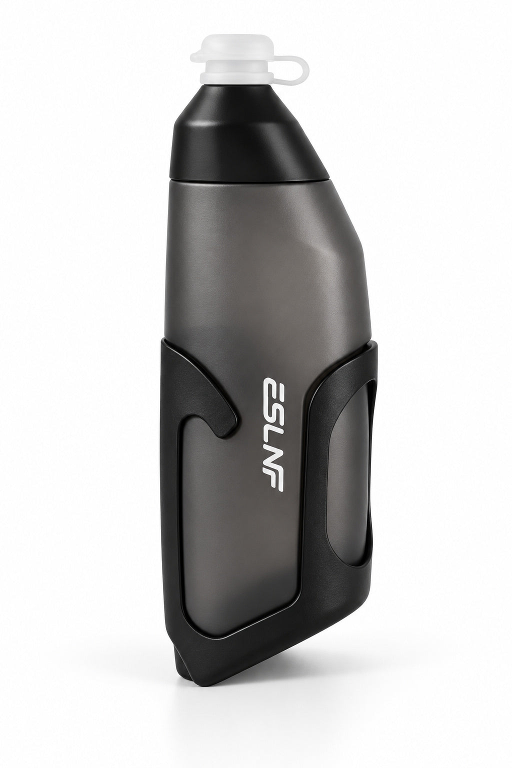 Charcoal cycling bottle with a white tethered spout in its matching black holder