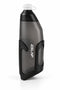 Charcoal cycling bottle with a white tethered spout in its matching black holder