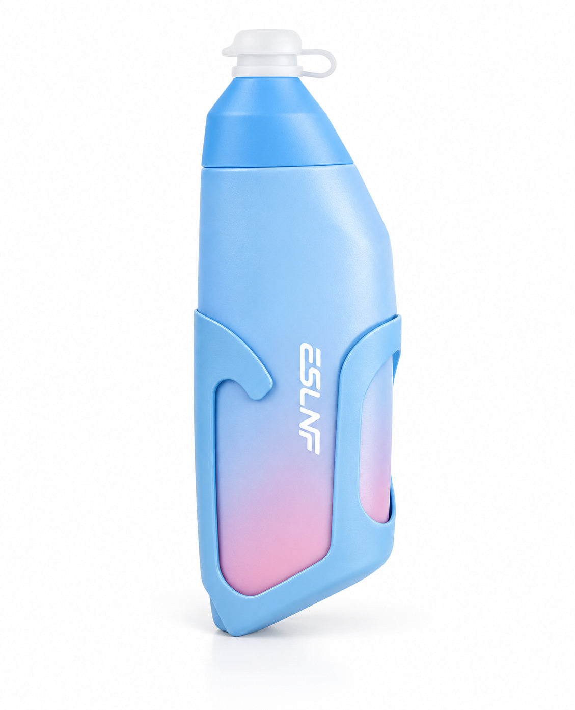 Blue cycling bottle with a pink lower gradient in its matching blue holder
