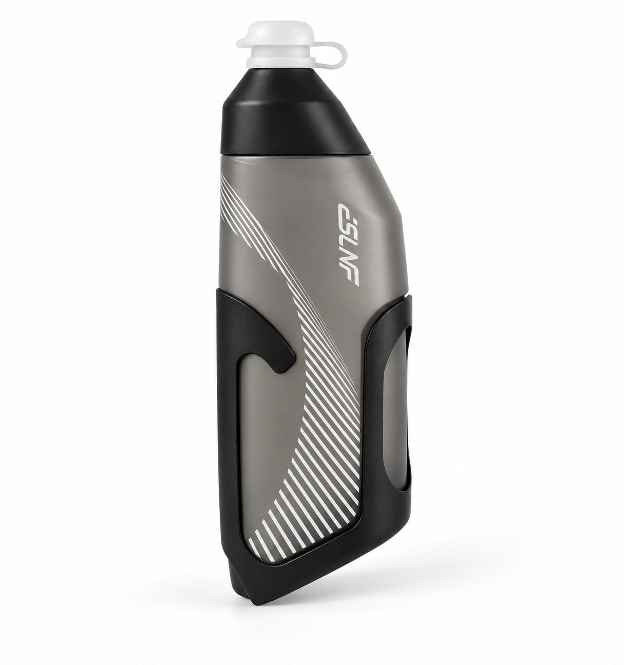 Grey cycling bottle with diagonal white stripes in its matching black holder