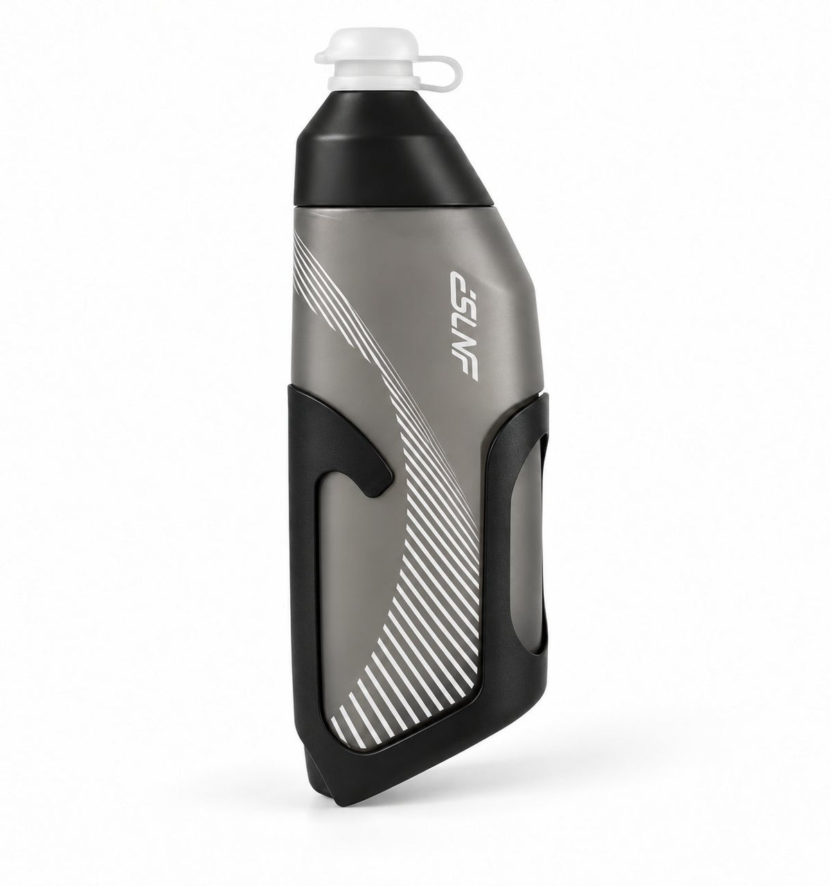 Grey cycling bottle with diagonal white stripes in its matching black holder