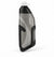 Grey cycling bottle with diagonal white stripes in its matching black holder