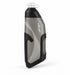 Grey cycling bottle with diagonal white stripes in its matching black holder