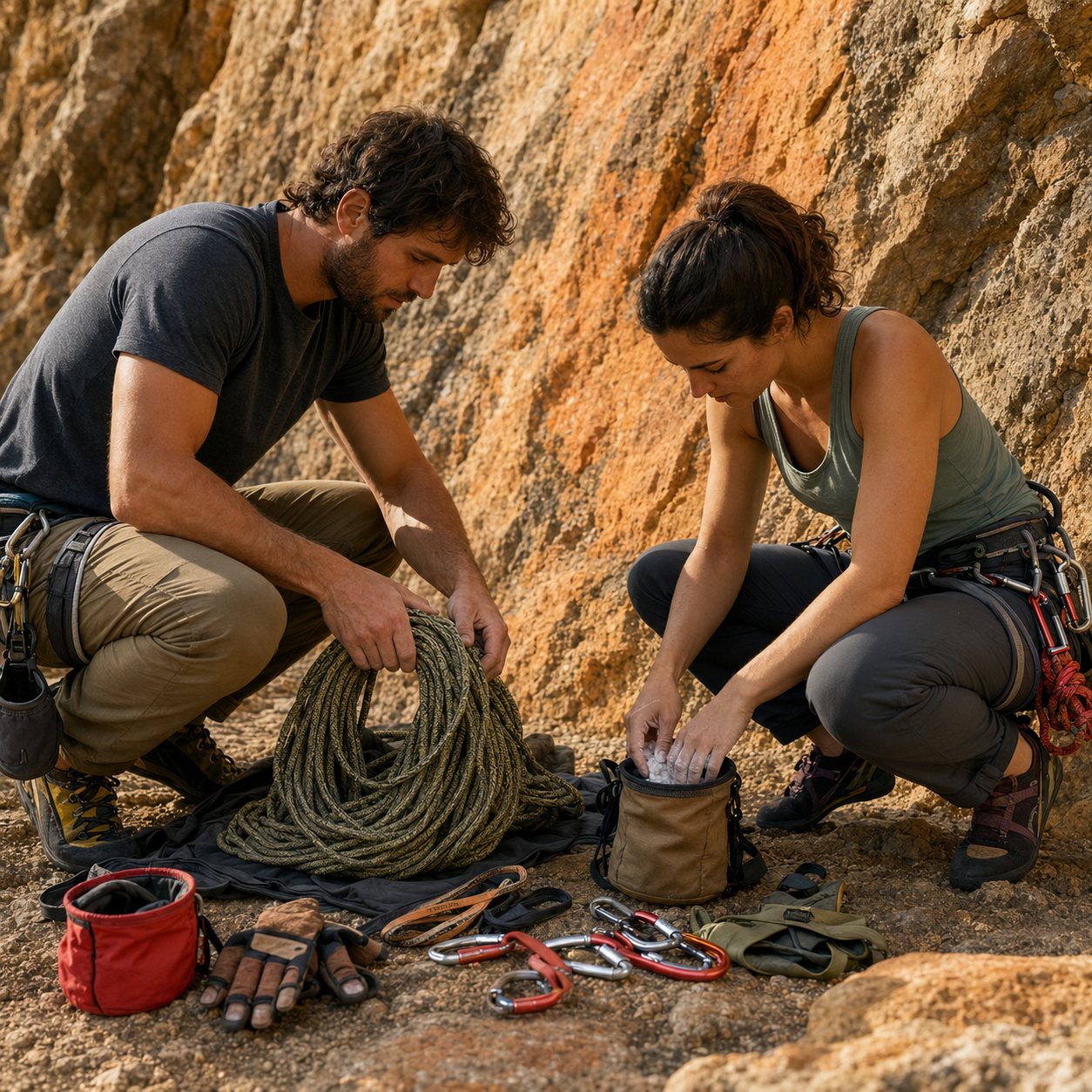 Climbers preparing equipment at a mountain crag