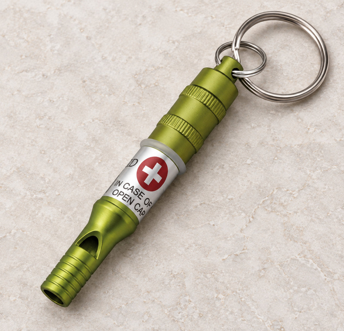 Closed Munkees Emergency Whistle with attached key rings