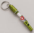Open Munkees Emergency Whistle showing the cap, rolled paper insert and attached key rings