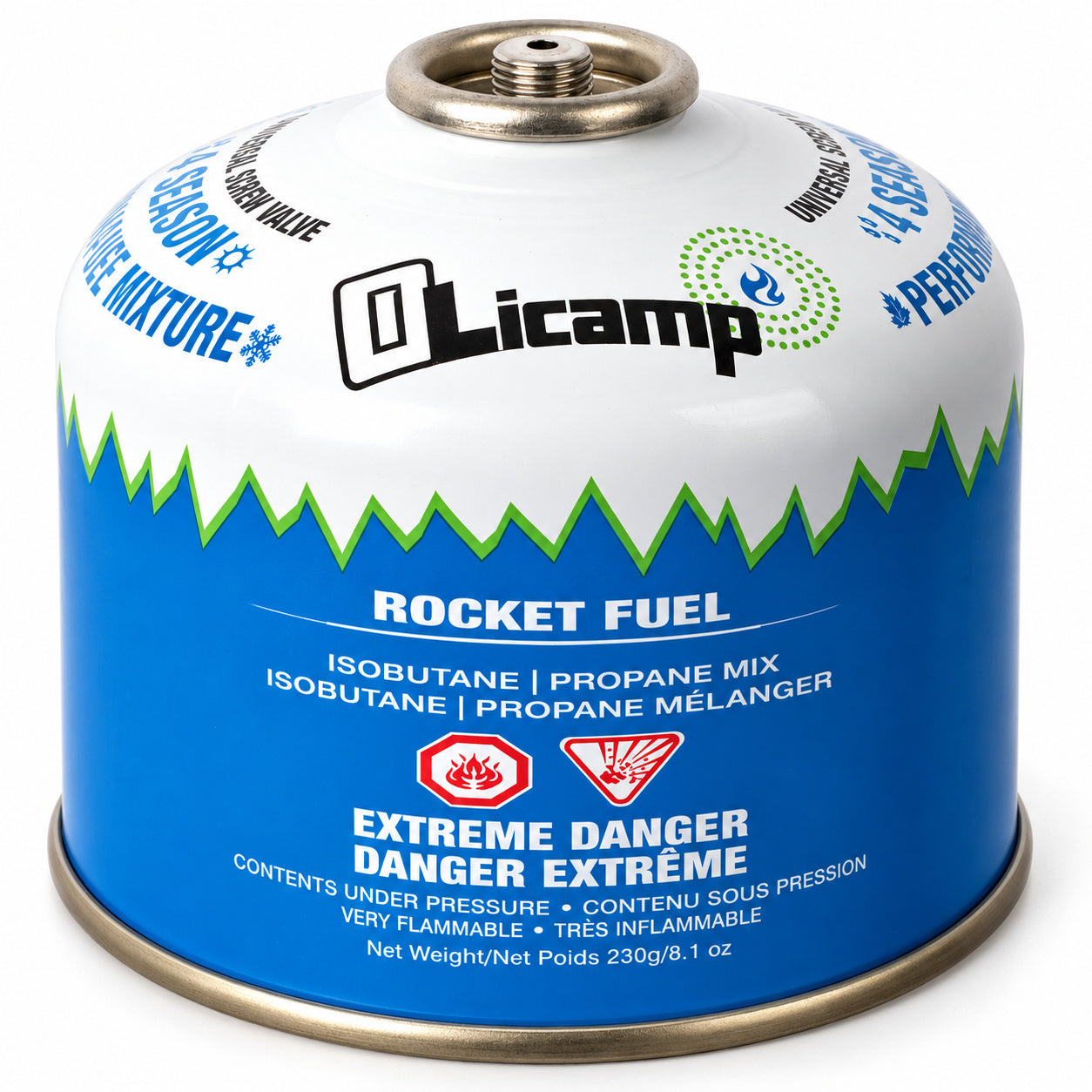 Olicamp Rocket Fuel 230 g canister with a screw-on valve.