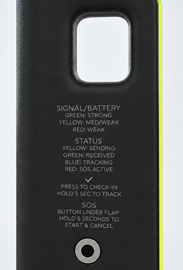 Rear control-location detail of the Bivy Stick satellite messenger, showing its attachment aperture, printed legend and circular rear button.