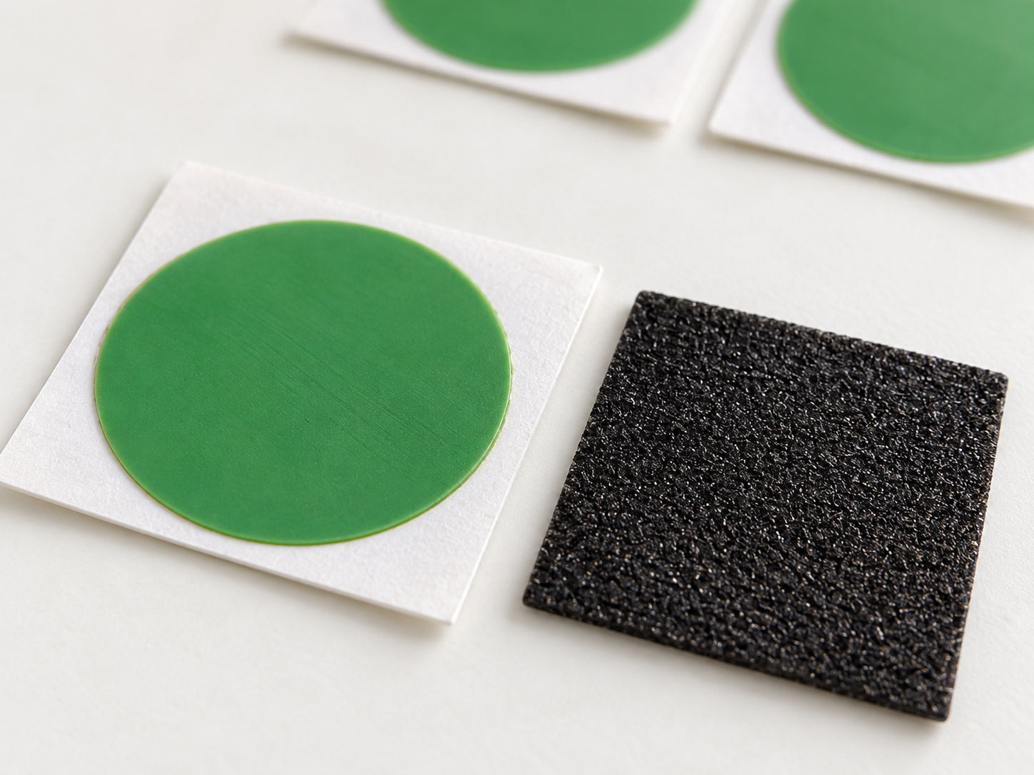 Close-up detail of a green Planet Bike patch on its backing beside the black abrading square