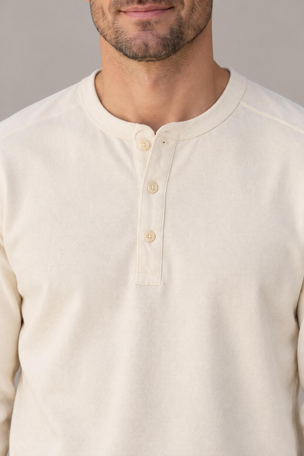 Bronson Heavyweight Henley - Men's in natural, front construction detail.