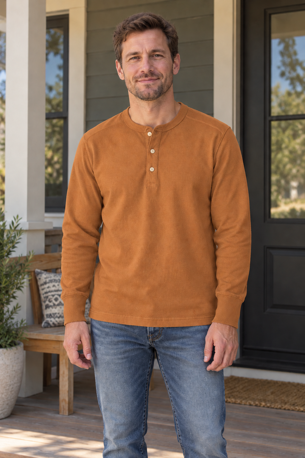 Bronson Heavyweight Henley - Men's in orange, worn with everyday clothing.