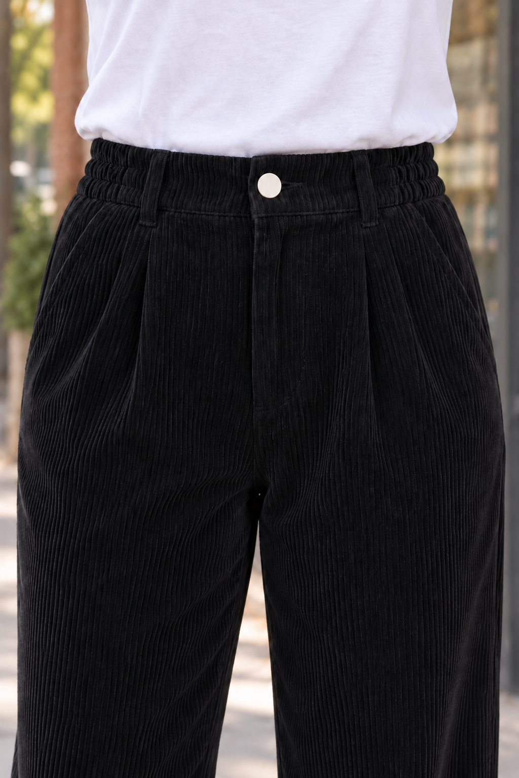 Alpex Alder Straight Corduroy Pants - Women's in black, front construction detail.