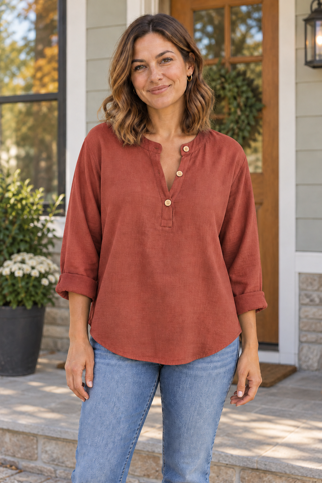 BOXDAQ Everyday Button-Neck Top - Women's in brick red, worn with everyday clothing.