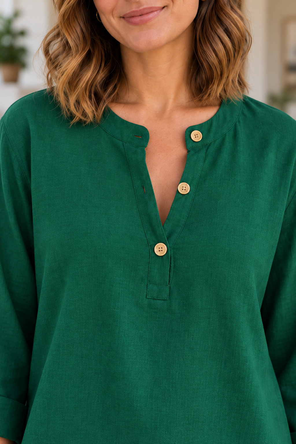 BOXDAQ Everyday Button-Neck Top - Women's in dark green, front construction detail.