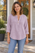 BOXDAQ Everyday Button-Neck Top - Women's in light purple, worn with everyday clothing.