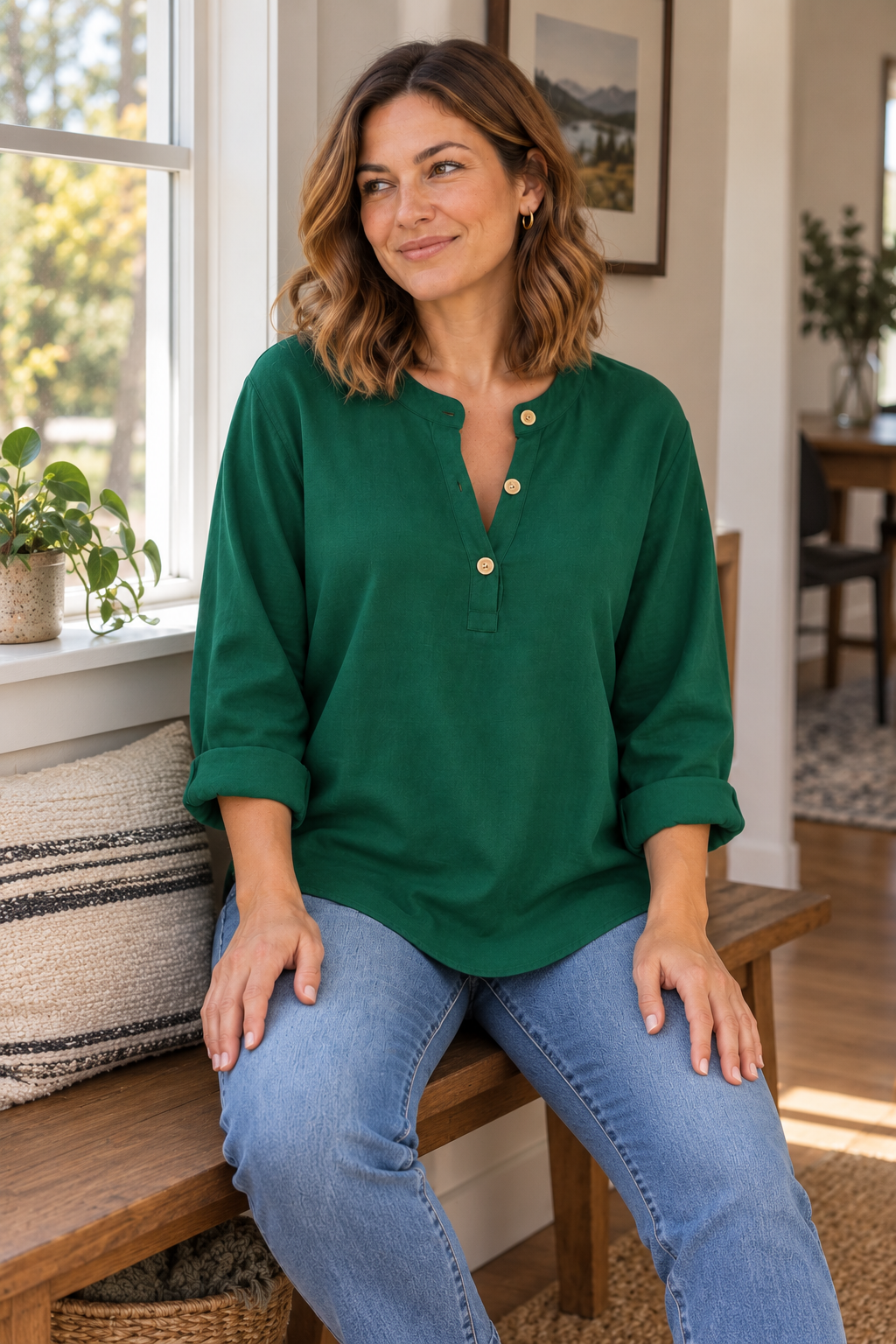 BOXDAQ Everyday Button-Neck Top - Women's worn in an everyday setting