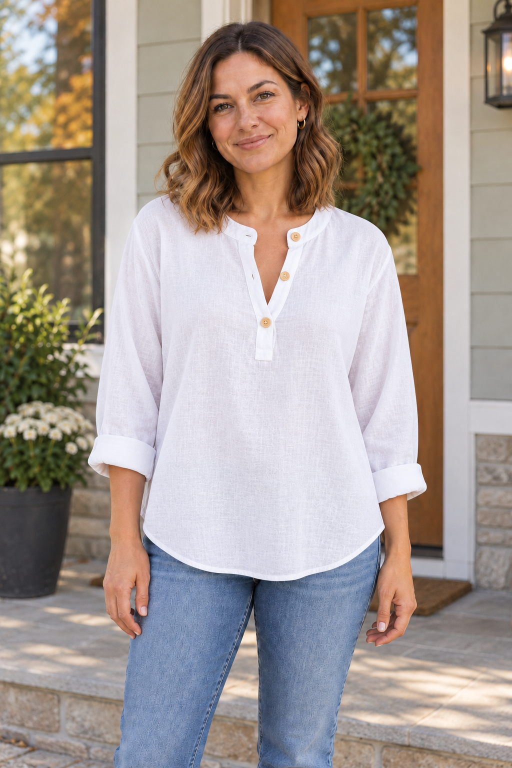 BOXDAQ Everyday Button-Neck Top - Women's in white, worn with everyday clothing.