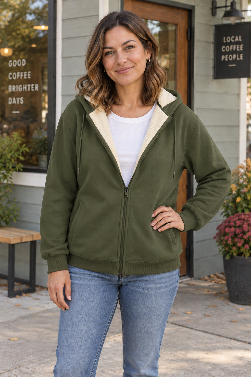 Woman wearing a army green fleece-lined zip hoodie outside a neighborhood coffee shop.