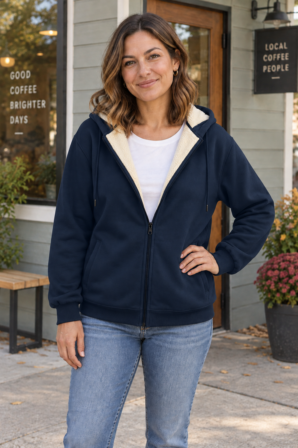 Woman wearing a dark blue fleece-lined zip hoodie outside a neighborhood coffee shop.