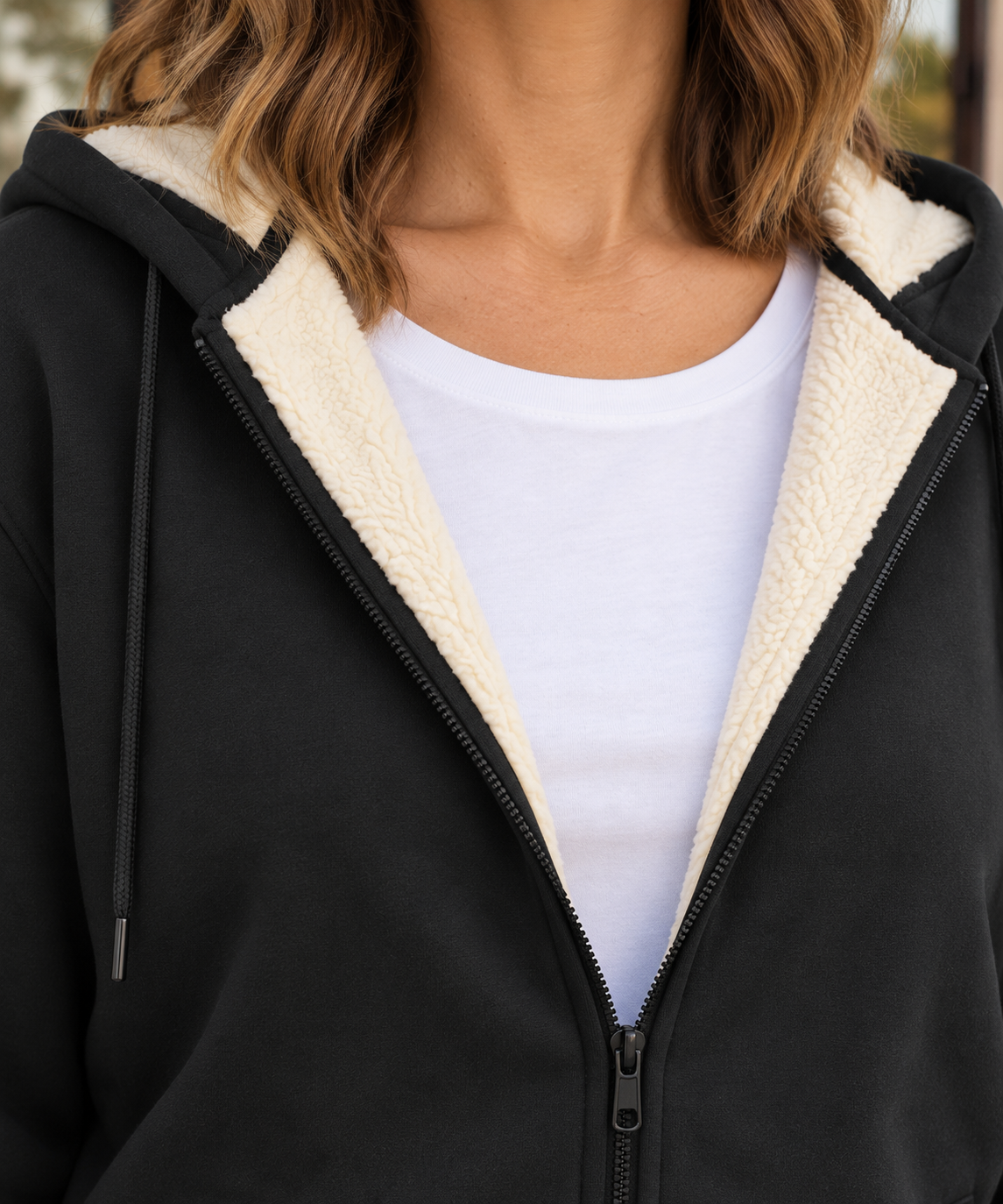 Cream hood lining and black front zip shown over a white crew-neck tee.