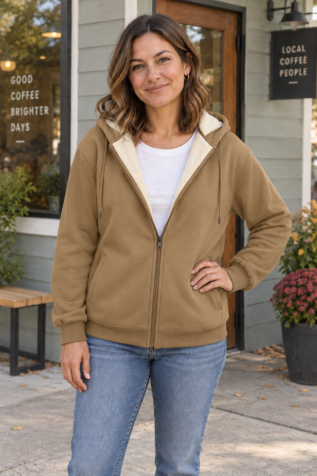 Woman wearing a khaki fleece-lined zip hoodie outside a neighborhood coffee shop.